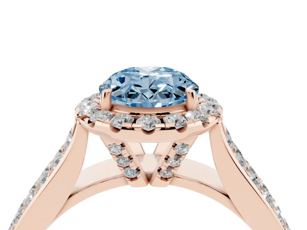 Fancy Blue Oval Cut Halo Round Diamond Pave Band with Prong Setting Rose gold