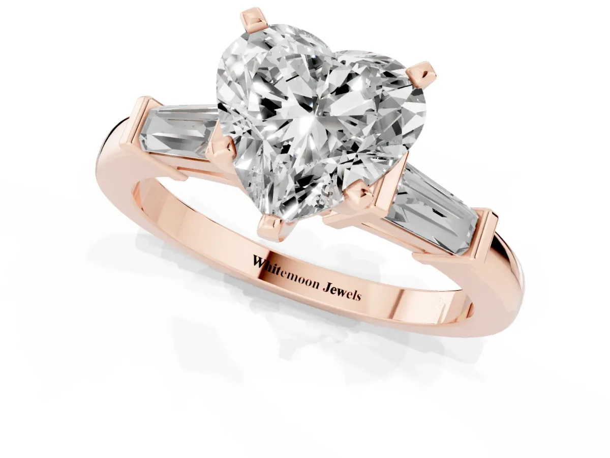 Heart Cut Cut Diamond Solitaire Ring with Tapered Baguette Accents and Four-Prong Setting Rose gold