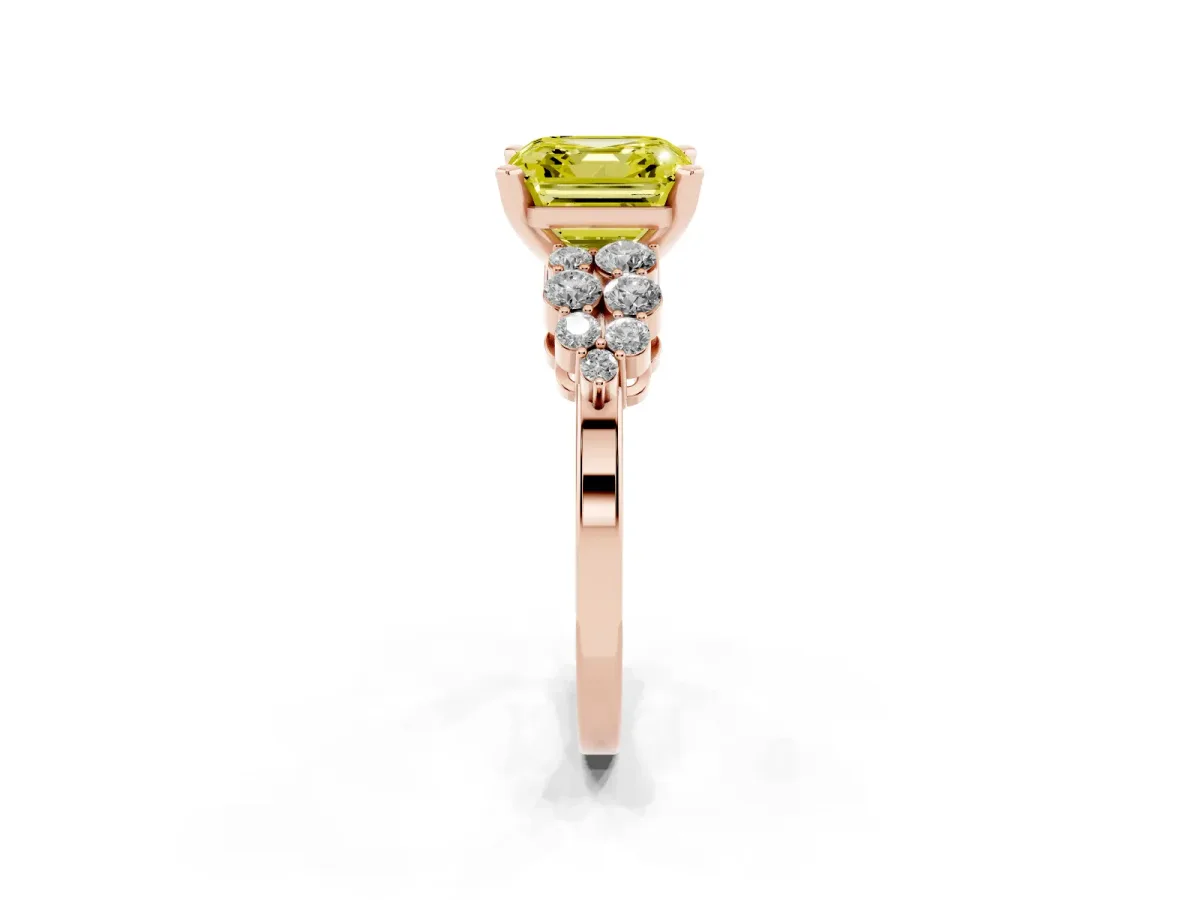Fancy Yellow Asscher Cut Cluster Diamond Engagement Ring with Pavé Band and Four-Prong Setting Rose gold