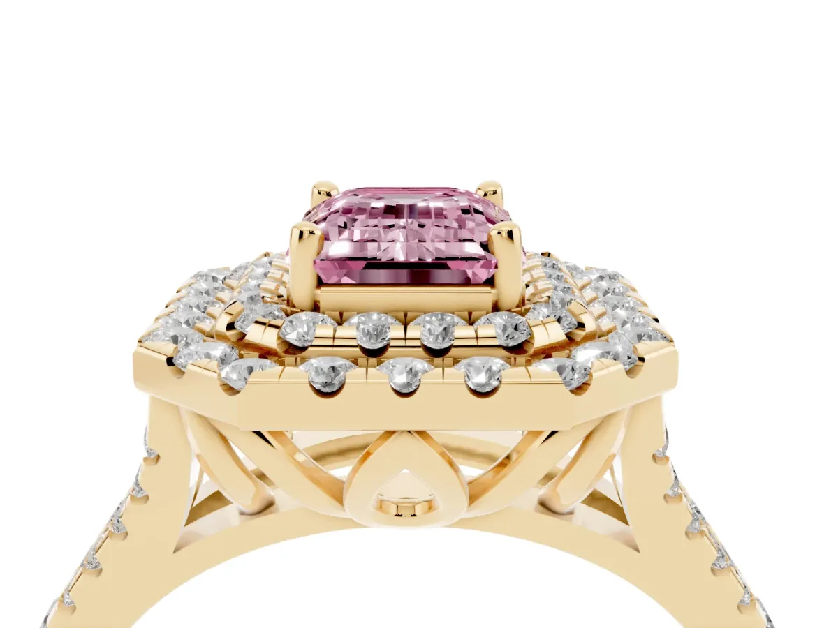 Fancy Pink Double Halo Emerald Cut Diamond Pavé Split Shank Ring with Prong Setting Yellow gold