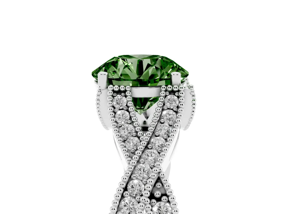 Fancy Green Round Cut Cut Diamond Twisted Band with Milgrain Pave Setting and Four-Prong Setting Silver