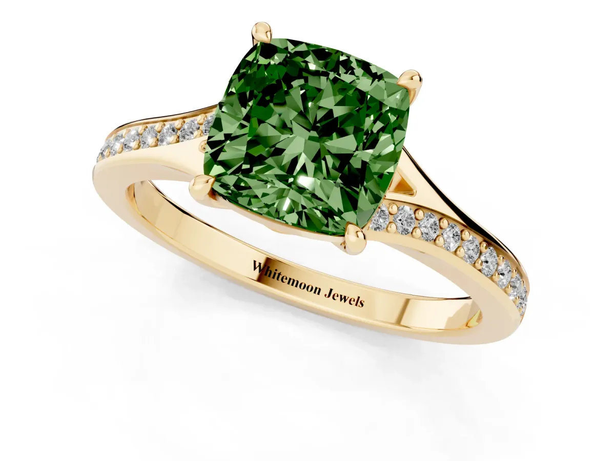 Fancy Green Cushion Cut Diamond Solitaire Ring with Pavé Band and Prong Setting Yellow gold
