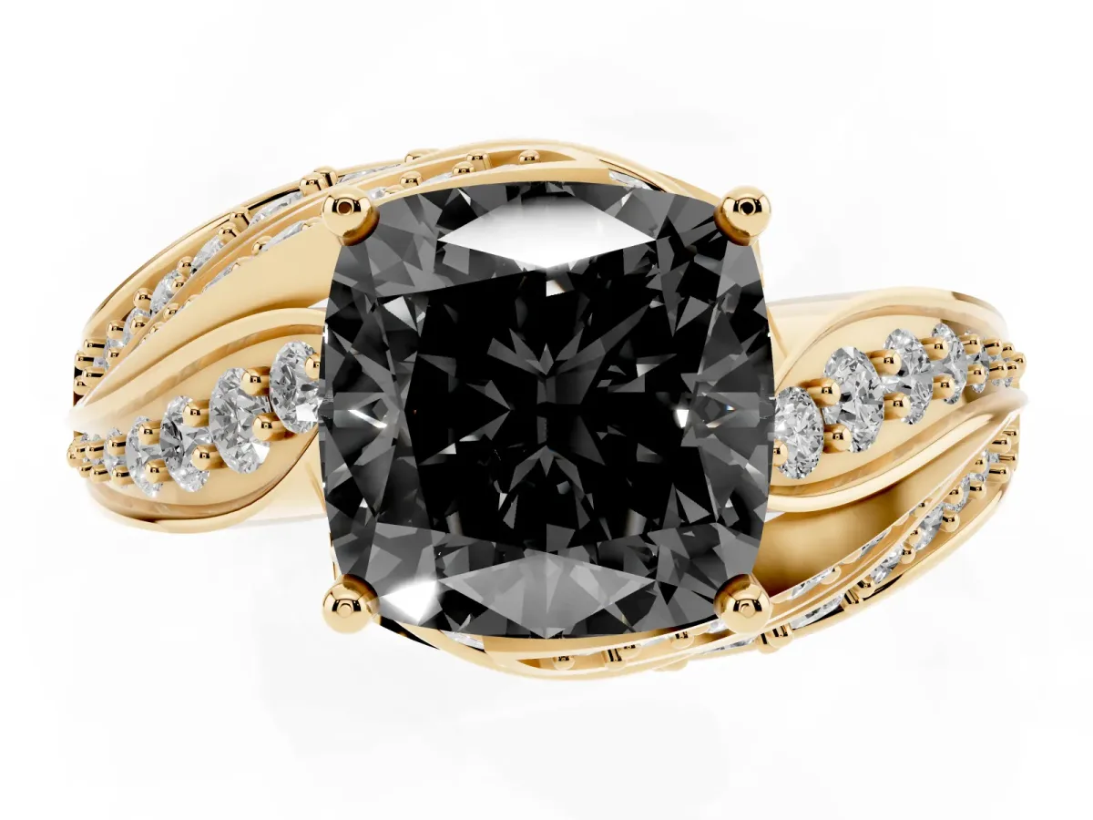 Fancy Black Cushion Cut Diamond Solitaire Ring with Prong Setting and Twisted Pavé Band Yellow gold