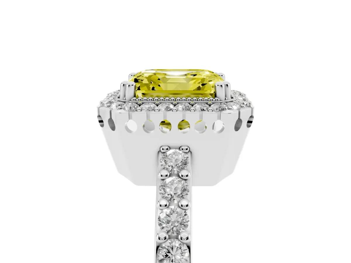 Fancy Yellow Asscher Cut Cut Diamond Halo Engagement Ring with Milgrain Detail and Pavé Band Platinum