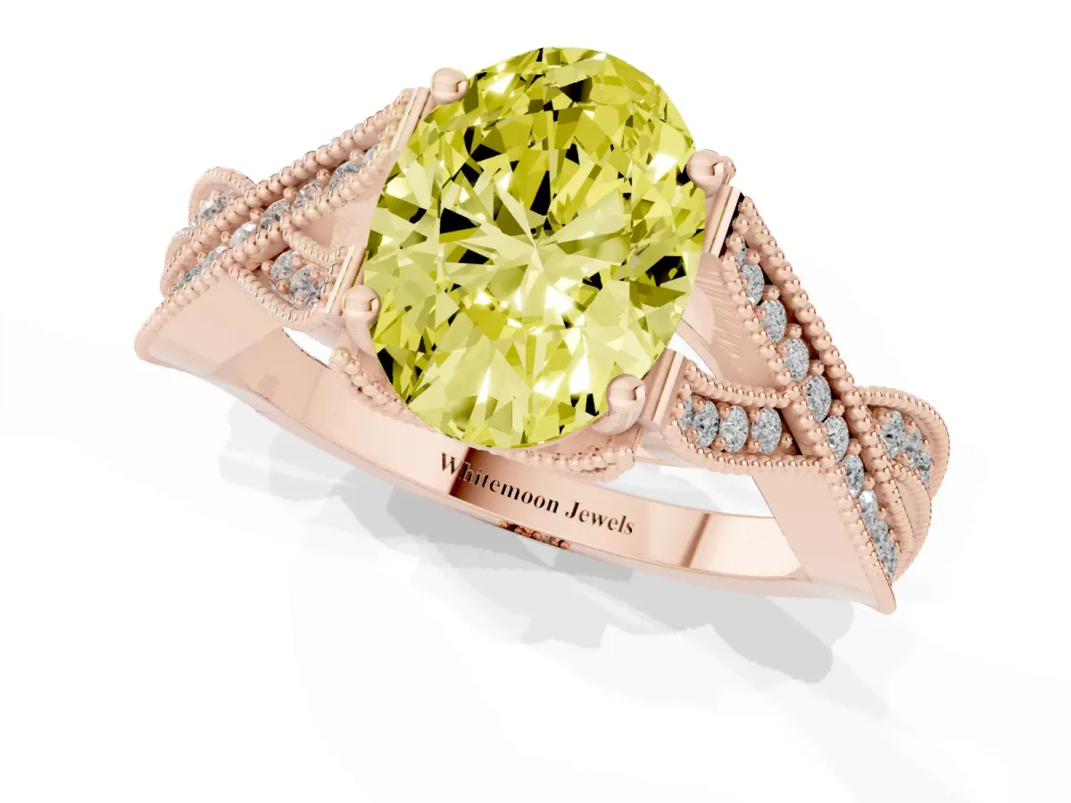 Fancy Yellow Oval Cut Cut Diamond Twisted Band with Milgrain Pave Setting and Four-Prong Setting Rose gold