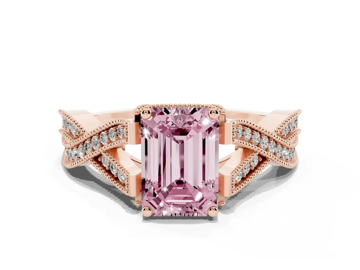 Fancy Pink Emerald Cut Cut Diamond Twisted Band with Milgrain Pave Setting and Four-Prong Setting Rose gold