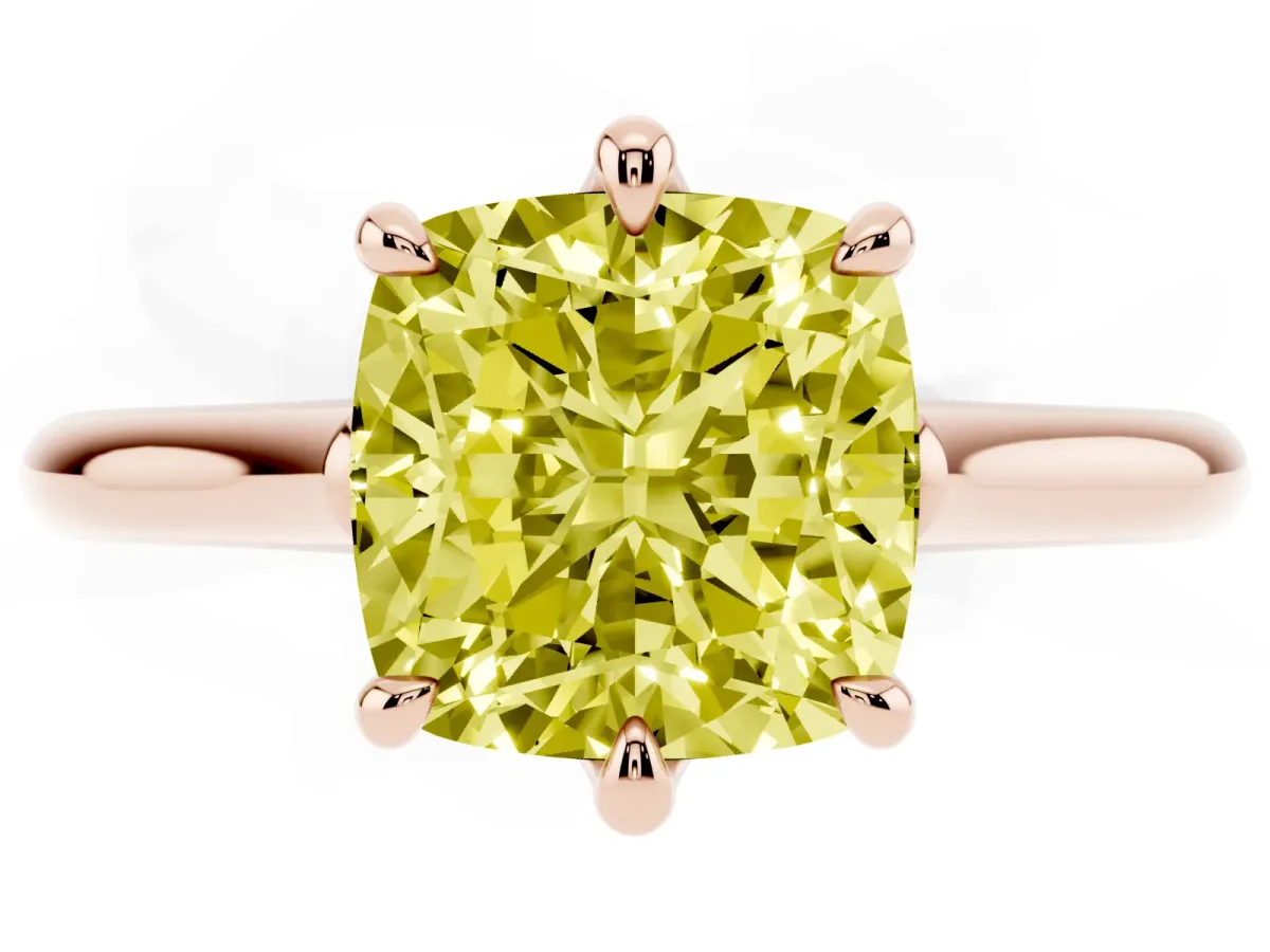 Fancy Yellow Cushion Cut Solitaire Engagement Ring with Six-Prong Setting and Classic Band Rose gold
