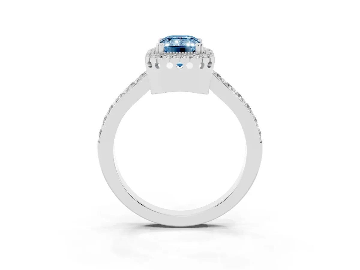Fancy Blue Emerald Cut Cut Diamond Halo Engagement Ring with Milgrain Detail and Pavé Band White gold