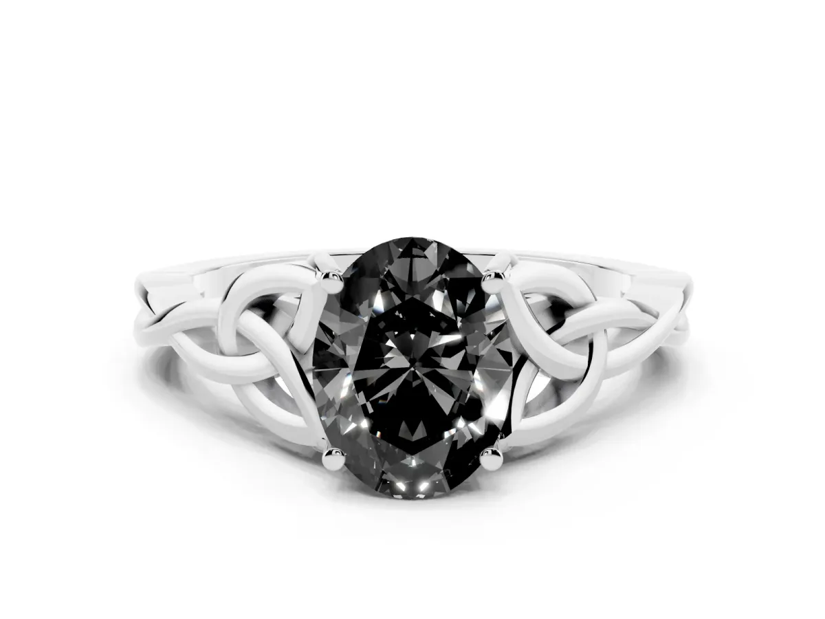 Fancy Black Oval Cut Diamond Solitaire Engagement Ring with Celtic Knot Band and Four-Prong Setting White gold