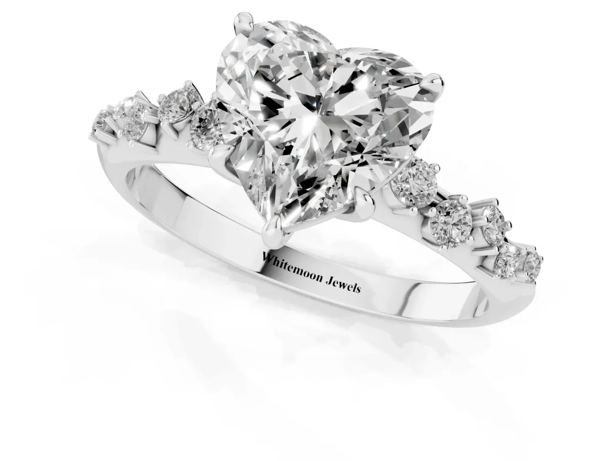Heart Cut Diamond Cluster Side Stone Solitaire Ring with Prong Setting Silver