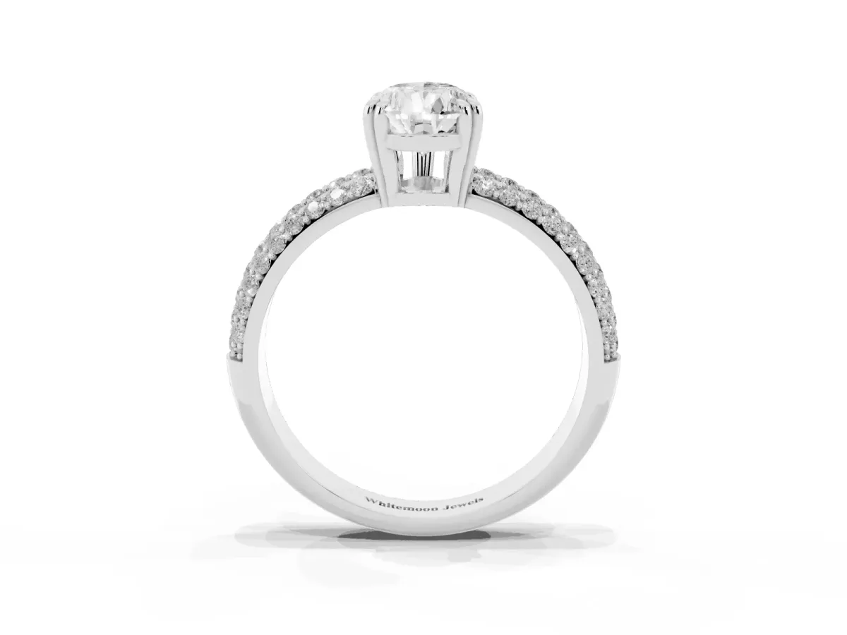 Pear Cut Diamond Solitaire Ring with Multi-Row Round Pavé Band and Prong Setting Silver