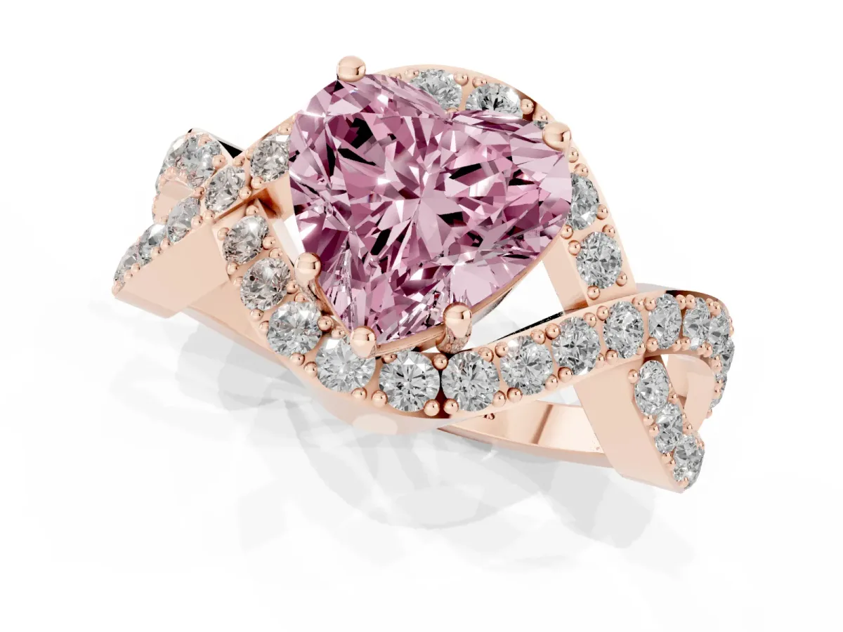 Fancy Pink Heart Cut Solitaire Twist Band Pavé Diamond Engagement Ring Rose gold