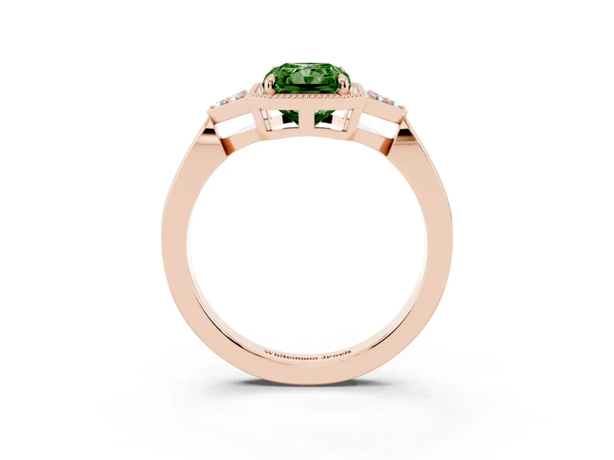 Fancy Green Hexagonal Halo Radiant Cut Diamond Solitaire with Pavé Band and Four-Prong Setting Rose gold