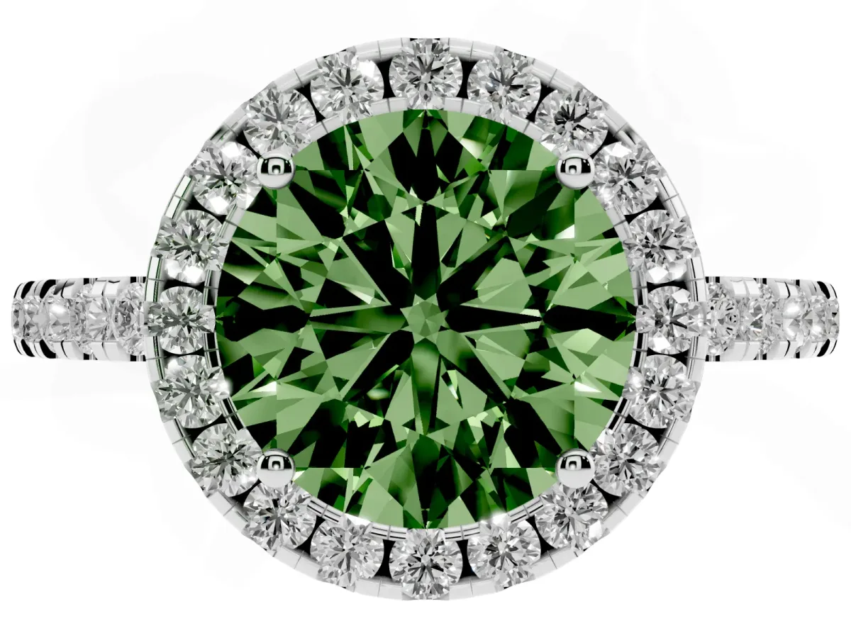 Fancy Green Round Cut Halo Diamond Engagement Ring with Pavé Band and Four-Prong Setting Platinum