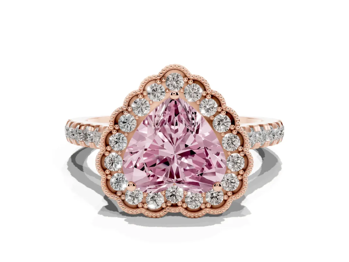 Fancy Pink Heart Cut Cut Diamond Milgrain Floral Halo Engagement Ring with Pavé Band Rose gold