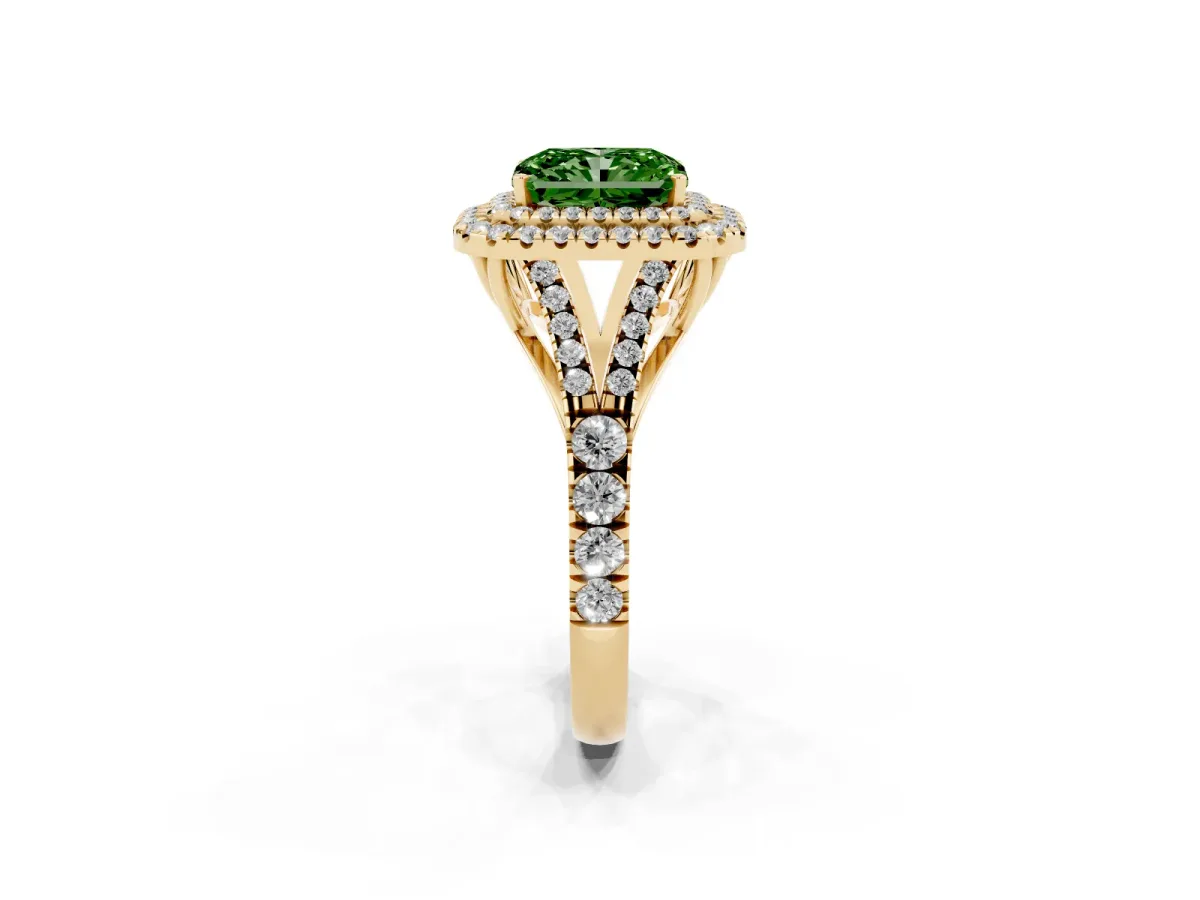 Fancy Green Double Halo Radiant Cut Diamond Split Shank Engagement Ring with Four-Prong Setting Yellow gold
