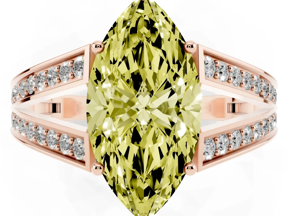 Fancy Yellow Marquise Cut Diamond Split Shank Ring with Pavé Band and Four-Prong Setting Rose gold