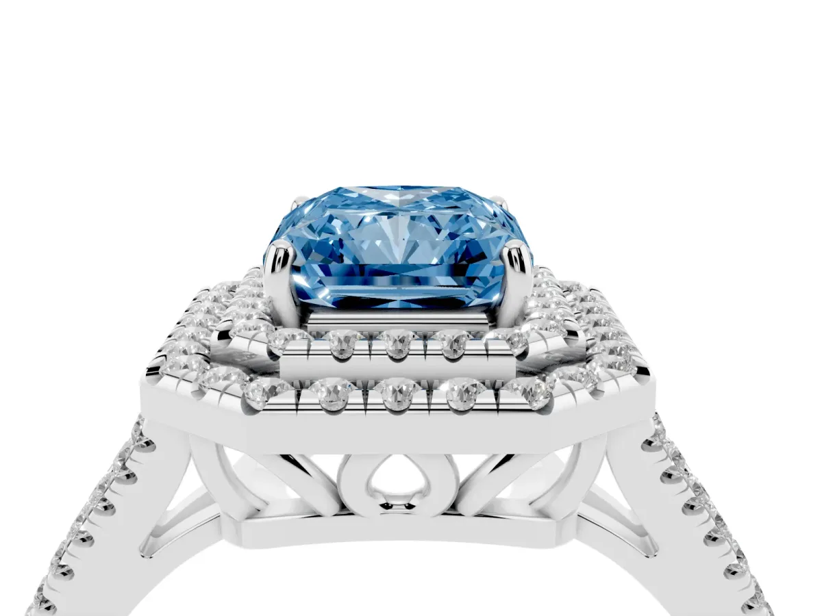 Fancy Blue Radiant Cut Diamond Double Halo Ring with Pavé Band and Prong Setting White gold