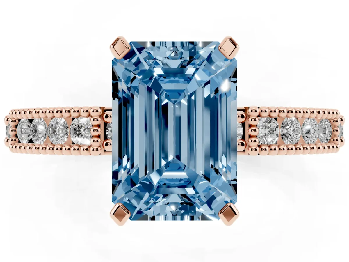Fancy Blue Emerald Cut Solitaire with Pavé Band and Four-Prong Setting Rose gold