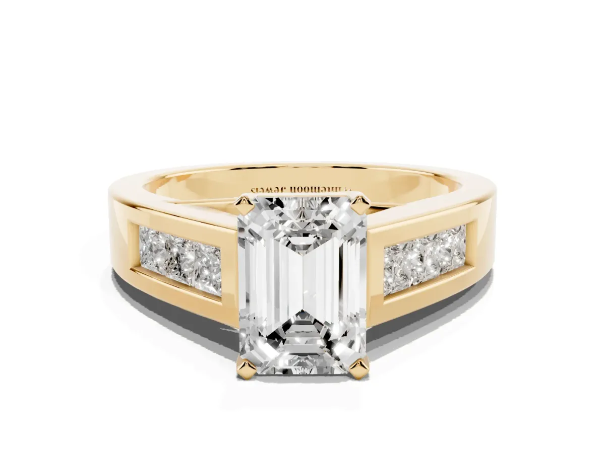 Emerald Cut Cut Channel Set Solitaire Ring with Four-Prong Setting Yellow gold