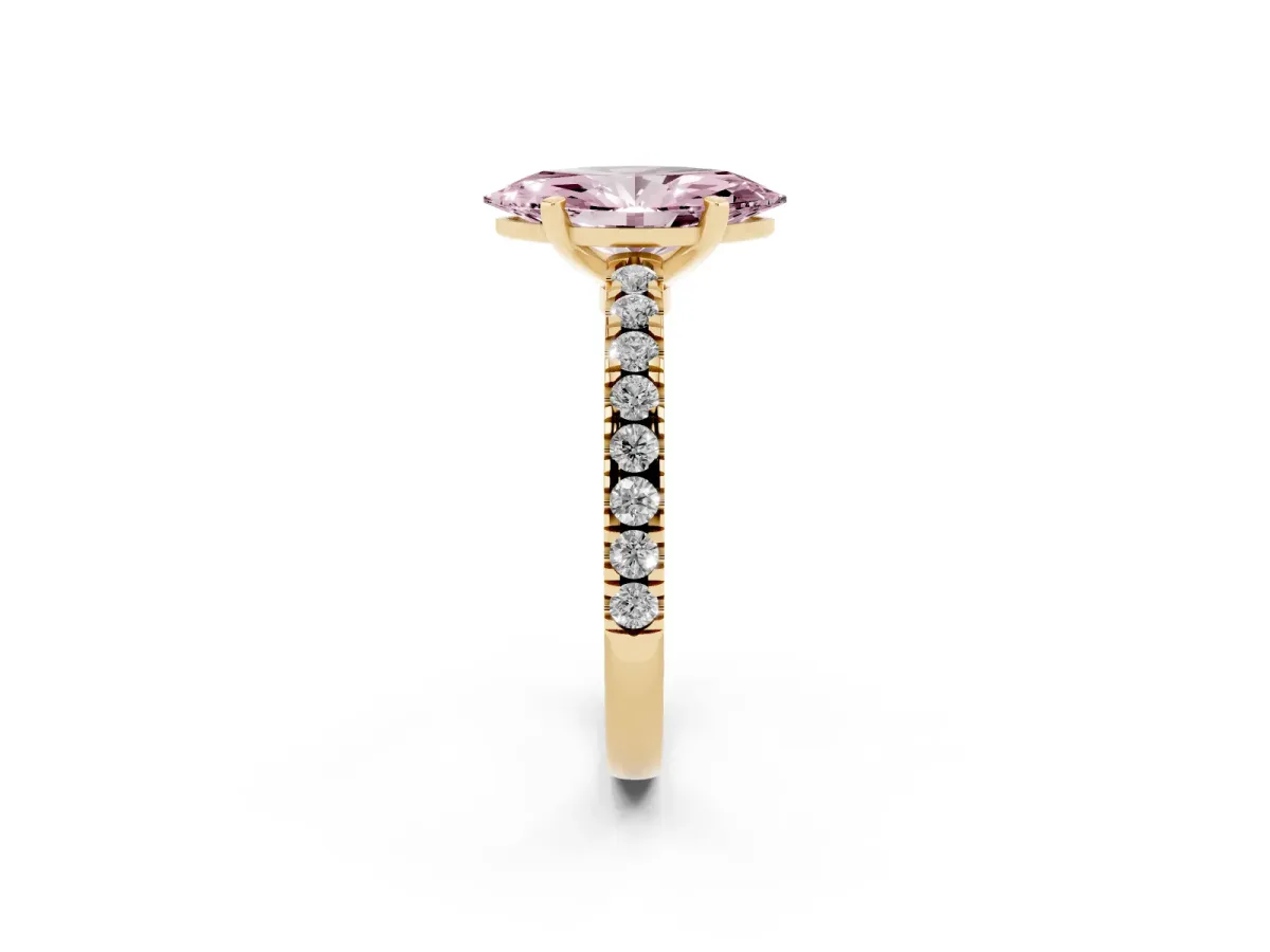 Fancy Pink Marquise Cut Solitaire Diamond with Pavé Band and Four-Prong Setting Yellow gold