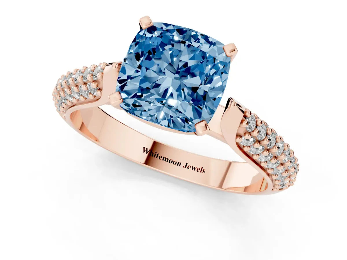 Fancy Blue Cushion Cut Diamond Solitaire Engagement Ring with Multi-Row Round Pavé Band and Prong Setting Rose gold