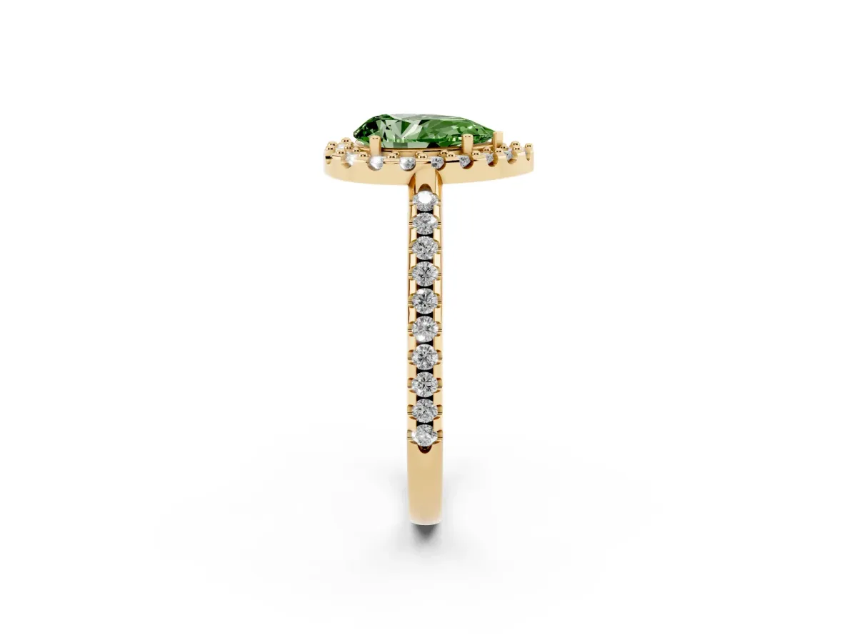 Fancy Green Pear Cut Diamond Pavé Halo Ring with Four-Prong Setting Yellow gold