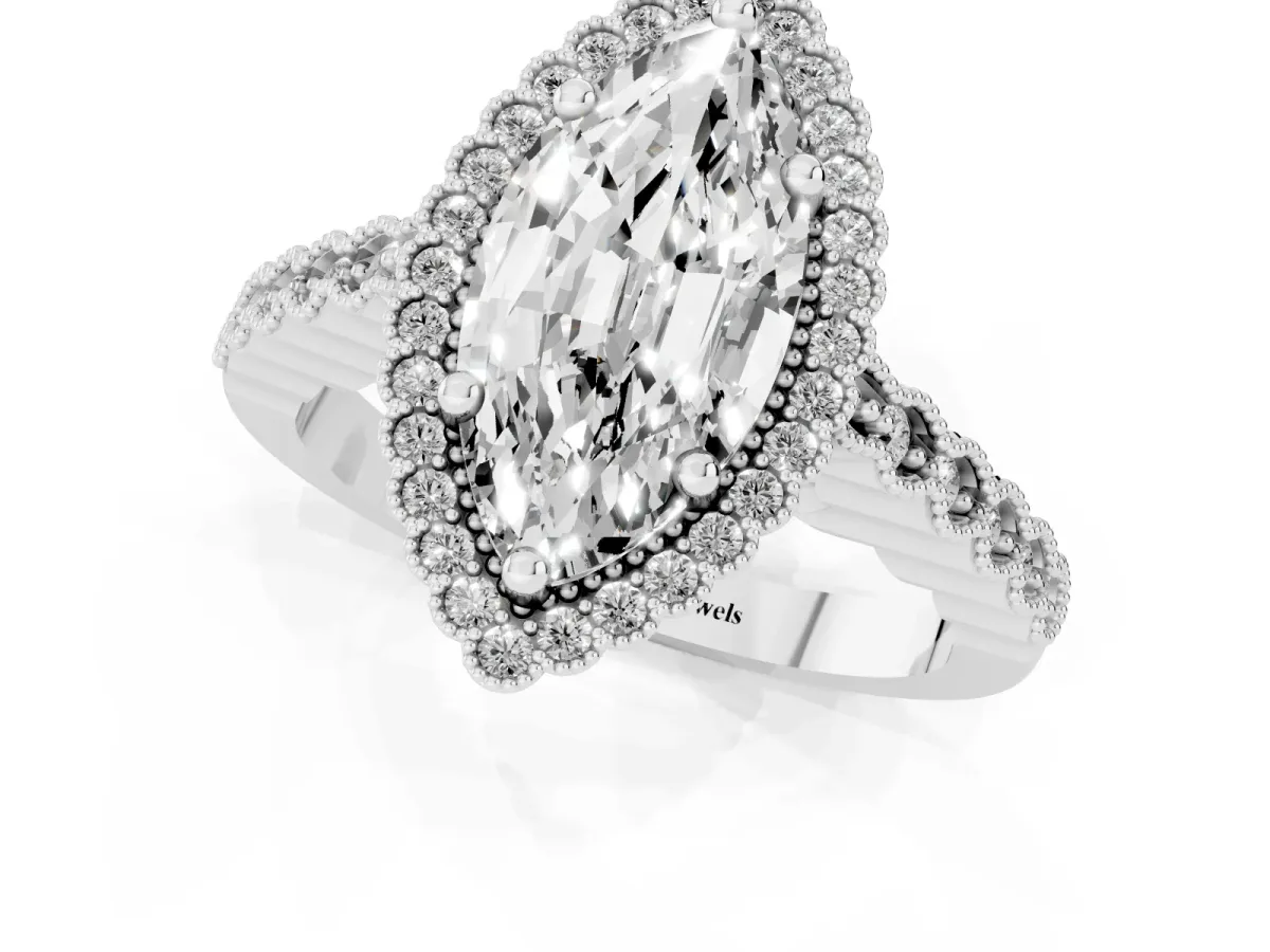 Marquise Cut Cut Halo Pavé Solitaire Ring with Milgrain Band White gold
