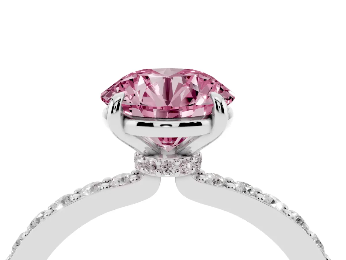 Fancy Pink Round Cut Diamond Pavé Engagement Ring with Round Accents and Prong Setting Silver
