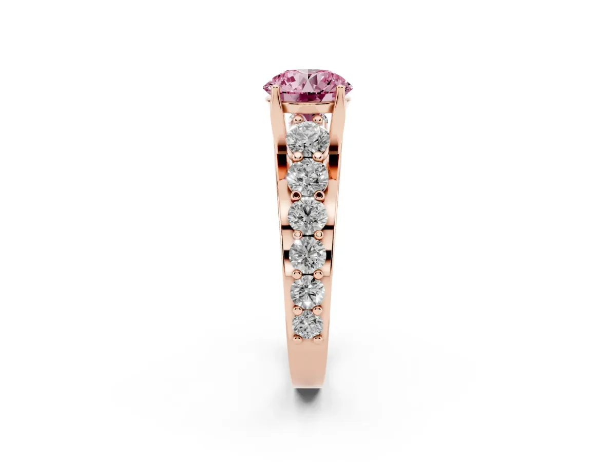 Fancy Pink Round Cut Diamond Engagement Ring with Pavé Band and Four-Prong Setting Rose gold