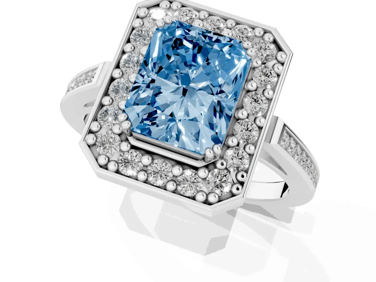 Fancy Blue Radiant Cut Diamond Halo Ring with Split Shank and Four-Prong Setting Platinum