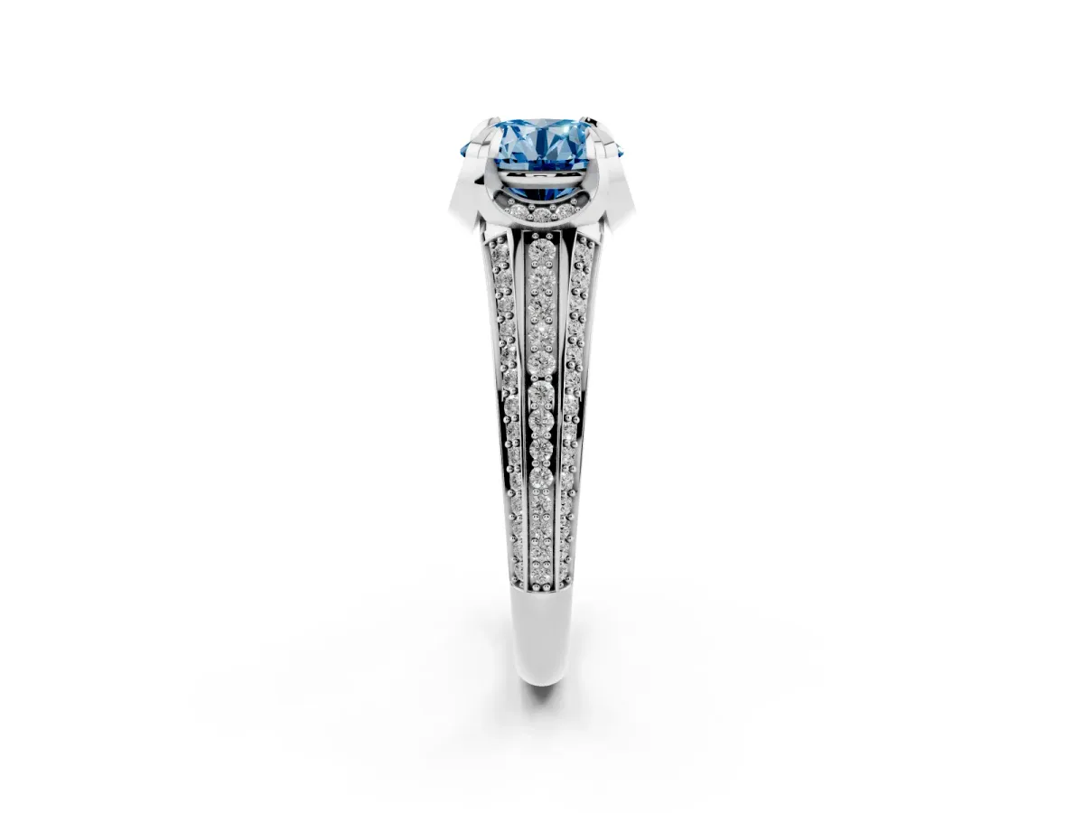 Fancy Blue Round Cut Solitaire Pave Split Shank Ring with Four-Prong Setting Platinum