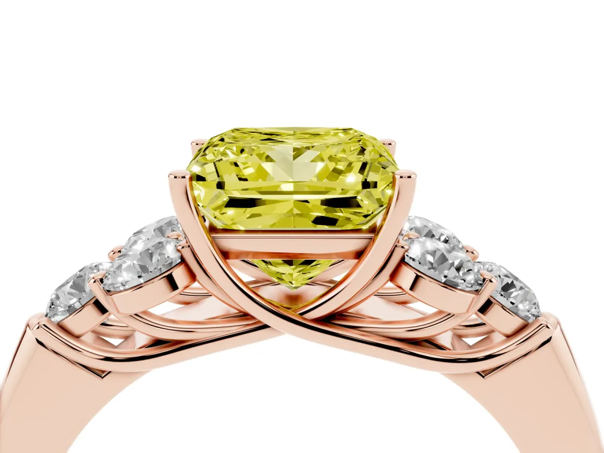 Fancy Yellow Princess Cut Cut Diamond Cluster Ring with Round Accent Stones and Prong Setting on a Classic Band Rose gold