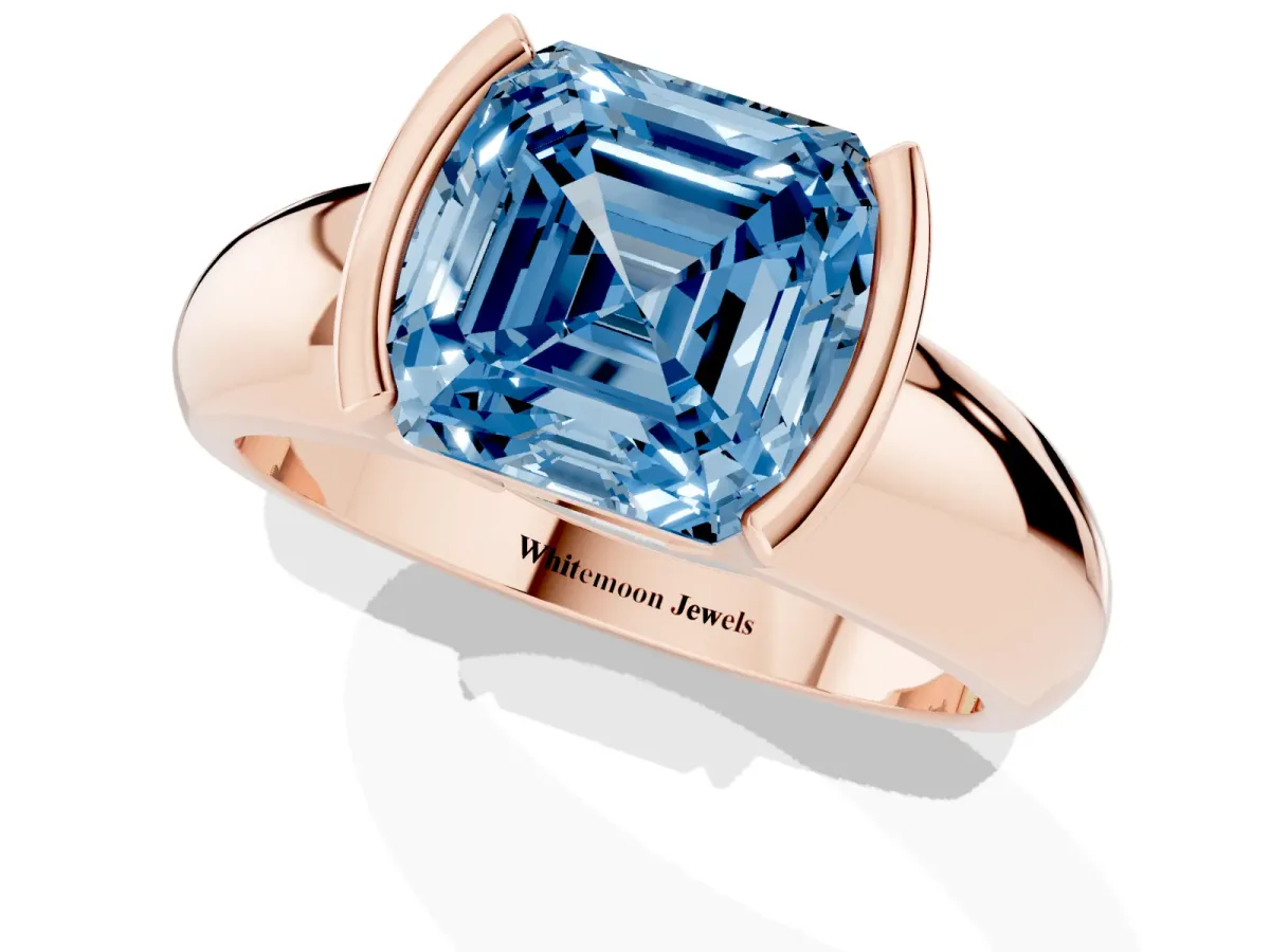 Fancy Blue Asscher Cut Solitaire Tension Set Diamond Ring with Wide Band Rose gold