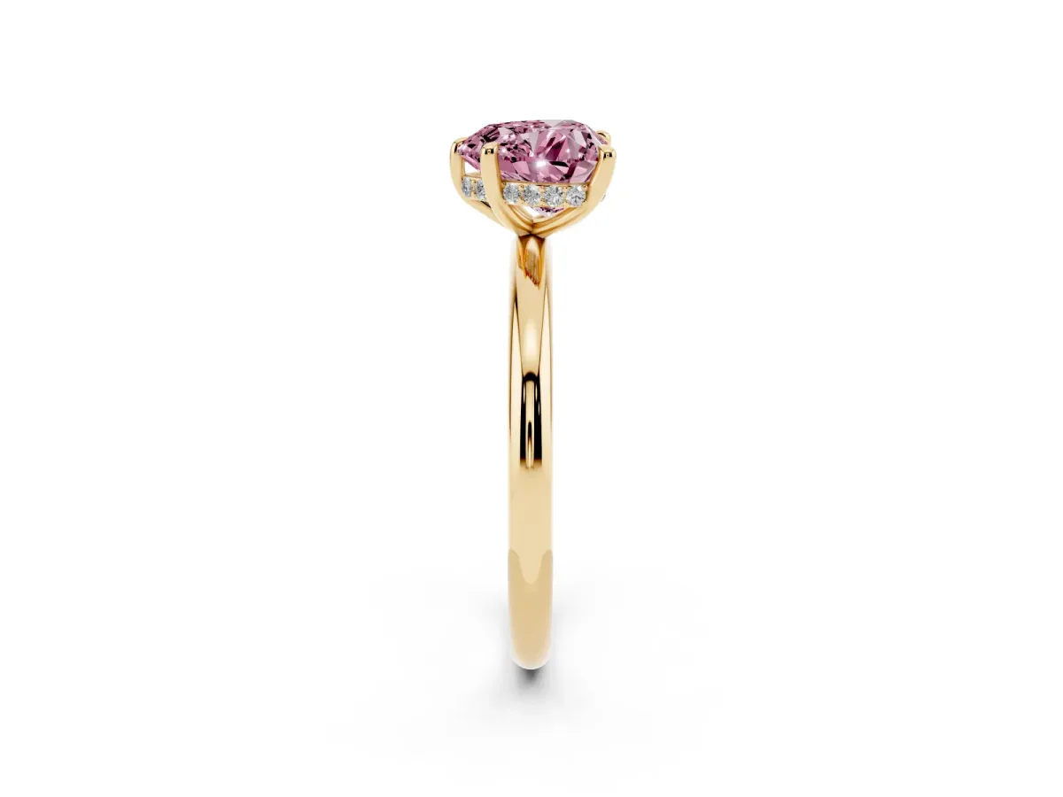 Fancy Pink Heart Cut Diamond Solitaire Ring with Thin Band and Four-Prong Setting Yellow gold