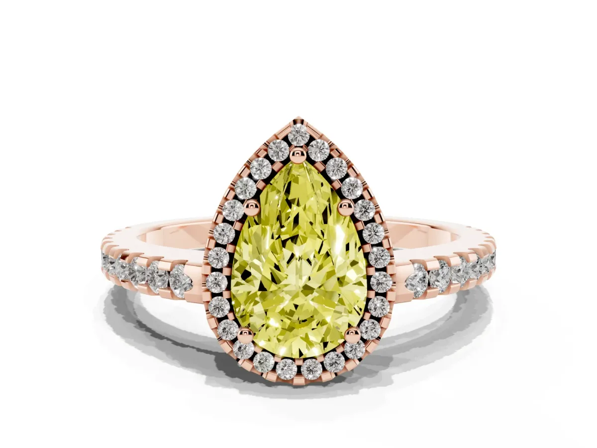Fancy Yellow Pear Cut Diamond Halo Engagement Ring with Pavé Band and Prong Setting Rose gold