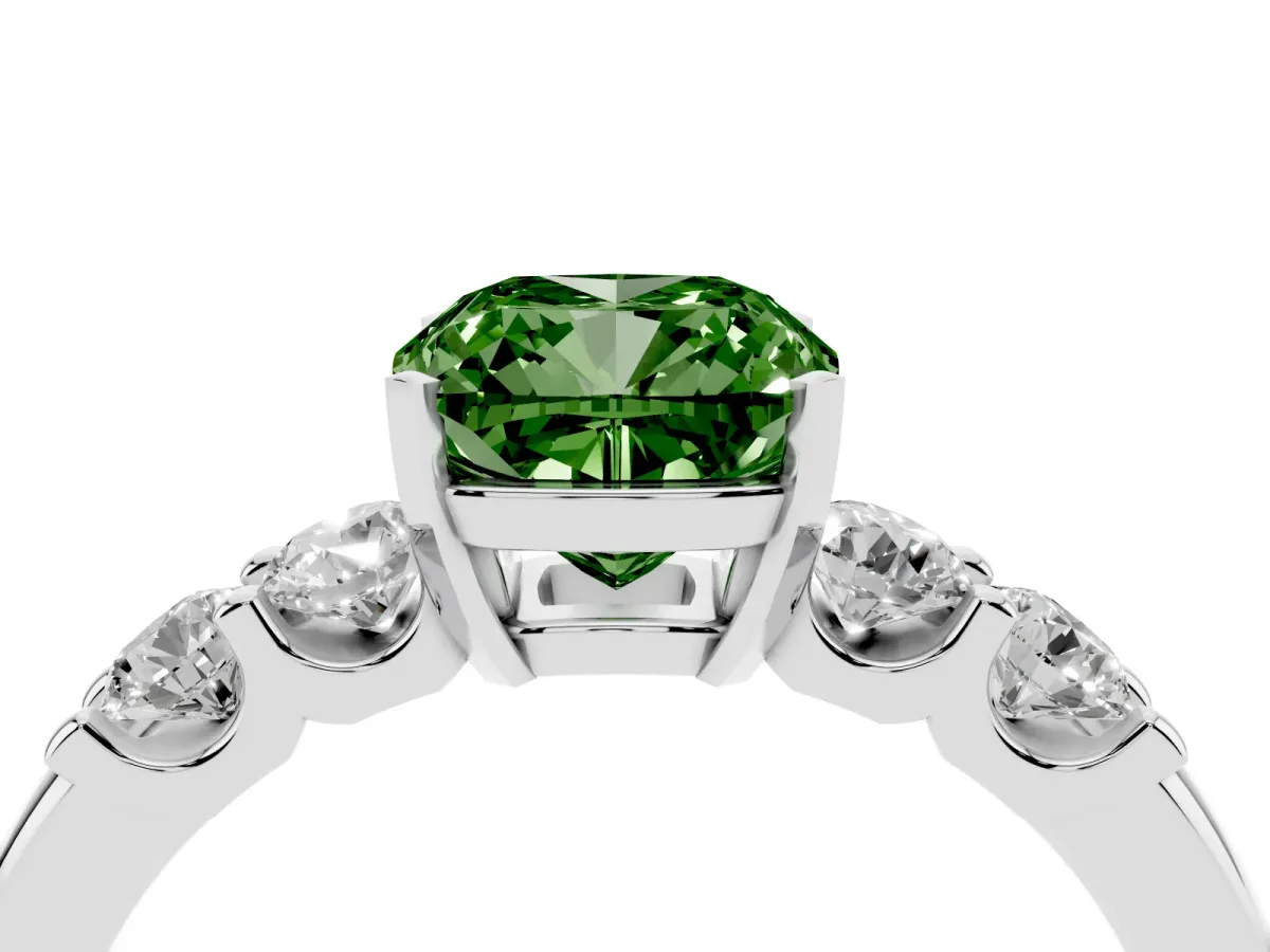 Fancy Green Cushion Cut Brilliant Cut Diamond Five-Stone Prong Set Engagement Ring with Channel Band White gold