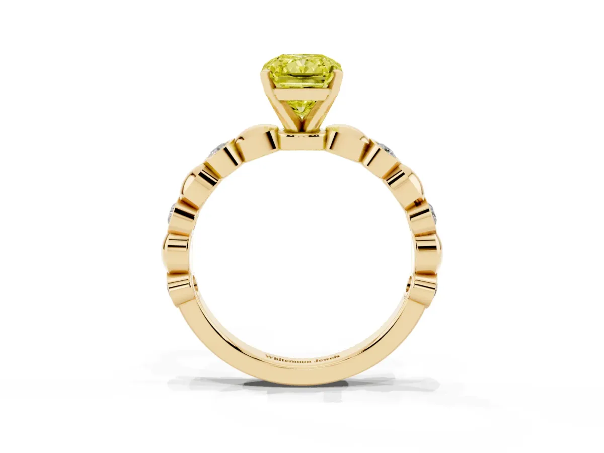Fancy Yellow Radiant Cut Solitaire Bezel-Set Diamond Ring with Beaded Band and Four-Prong Setting Yellow gold