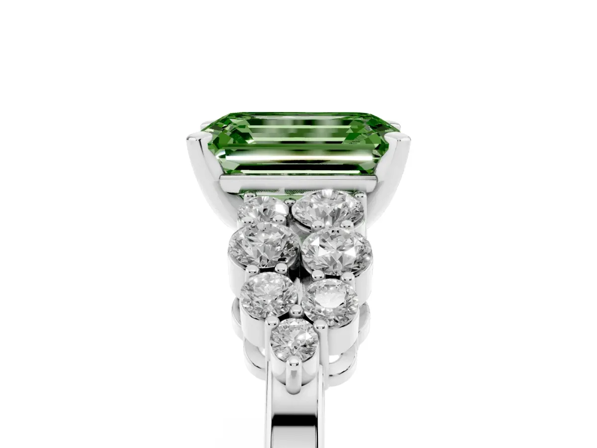 Fancy Green Emerald Cut Cluster Diamond Engagement Ring with Pavé Band and Four-Prong Setting Silver