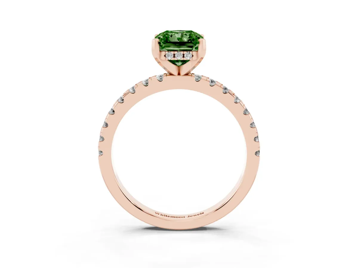 Fancy Green Radiant Cut Diamond Solitaire Ring with Round Pavé Band and Four-Prong Setting Rose gold