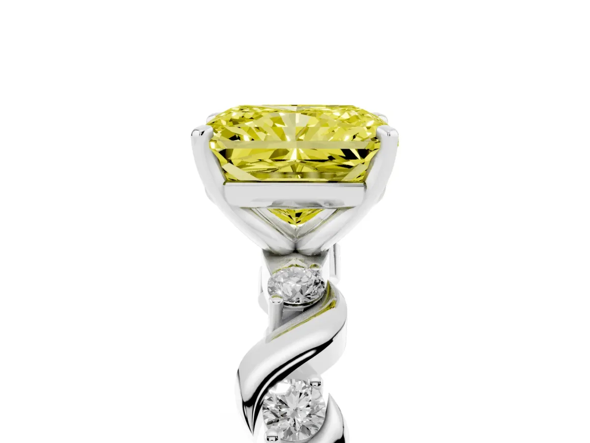 Fancy Yellow Radiant Cut Diamond Solitaire Twisted Band with Round Accents and Prong Setting Platinum