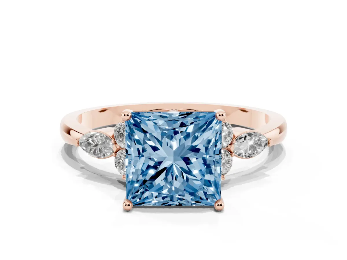 Fancy Blue Princess Cut Brilliant Diamond Solitaire Ring with Pear Side Stones and Four-Prong Setting Rose gold