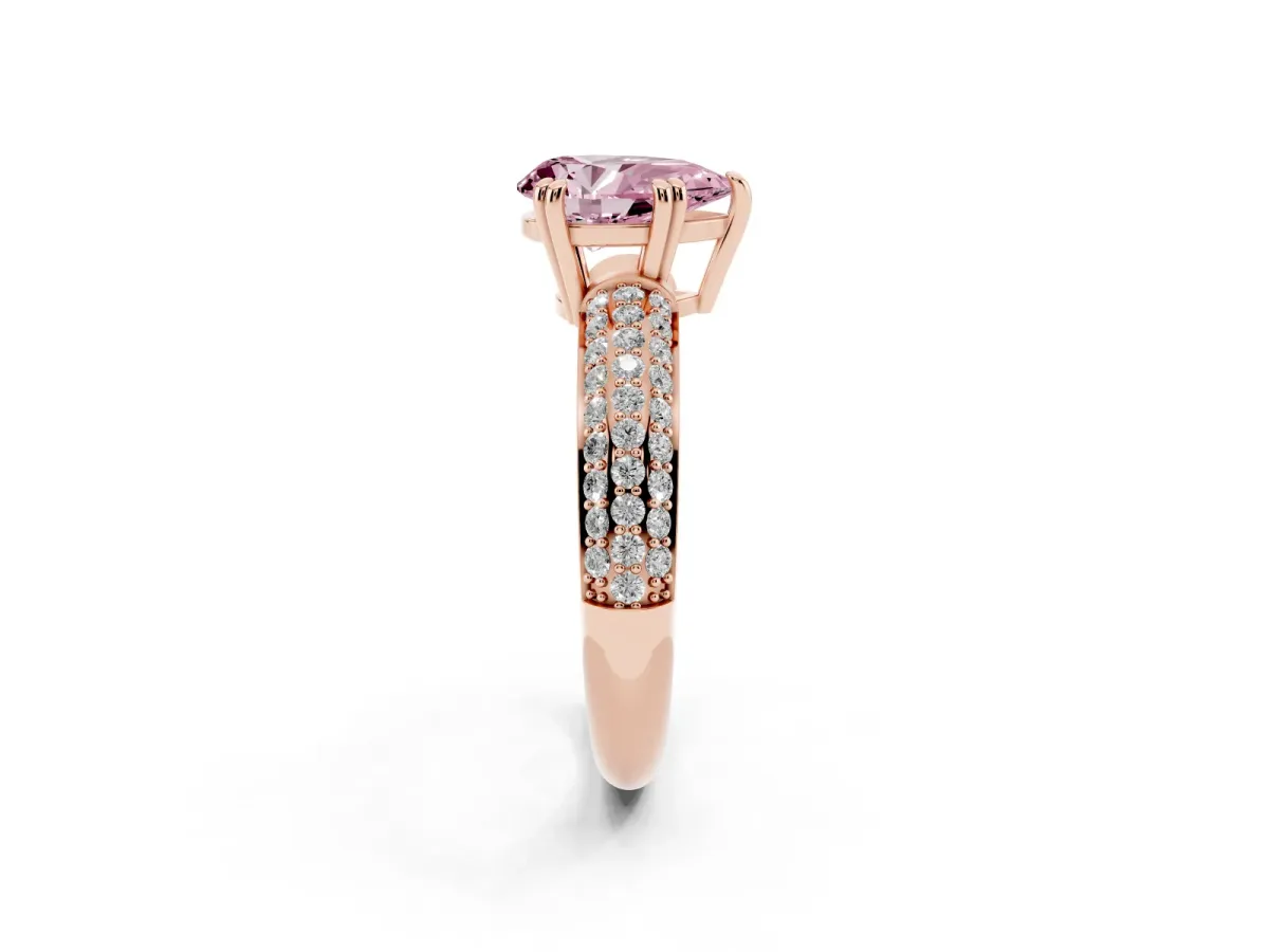 Fancy Pink Pear Cut Diamond Solitaire Ring with Multi-Row Round Pavé Band and Prong Setting Rose gold