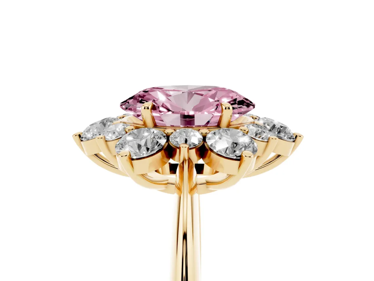 Fancy Pink Oval Cut Diamond Cluster Halo Ring with Solitaire Band and Four-Prong Setting Yellow gold