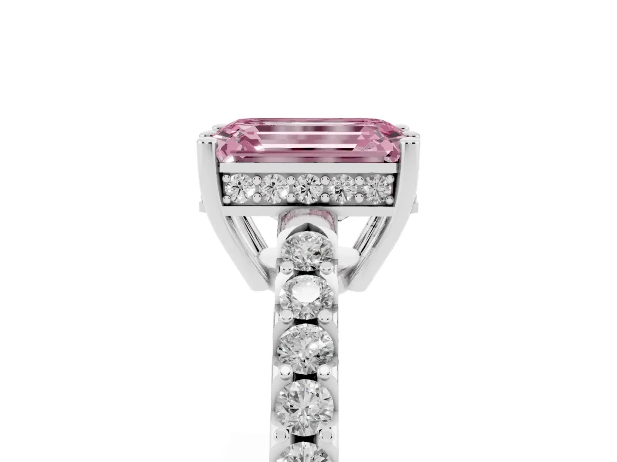 Fancy Pink Emerald Cut Solitaire Diamond Engagement Ring with Pavé Band and Six-Prong Setting Platinum
