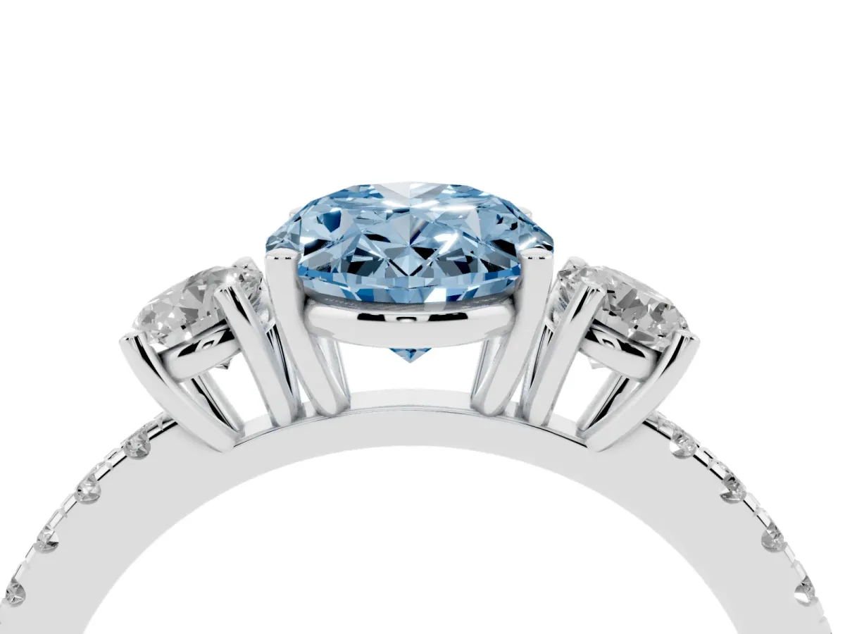 Fancy Blue Three-Stone Oval Cut Cut Diamond Pavé Band with Prong Setting Platinum