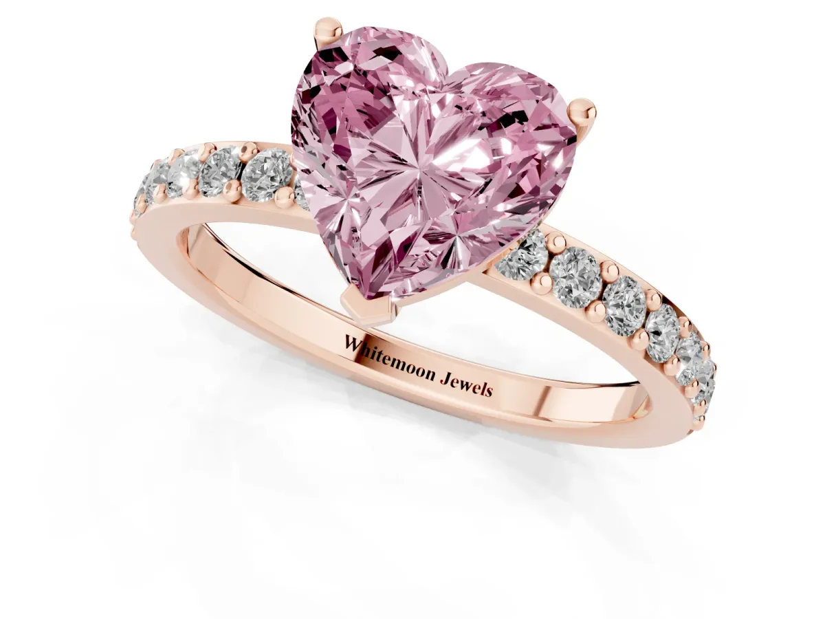 Fancy Pink Heart Cut Cut Diamond Solitaire with Pave Band and Four-Prong Setting Rose gold