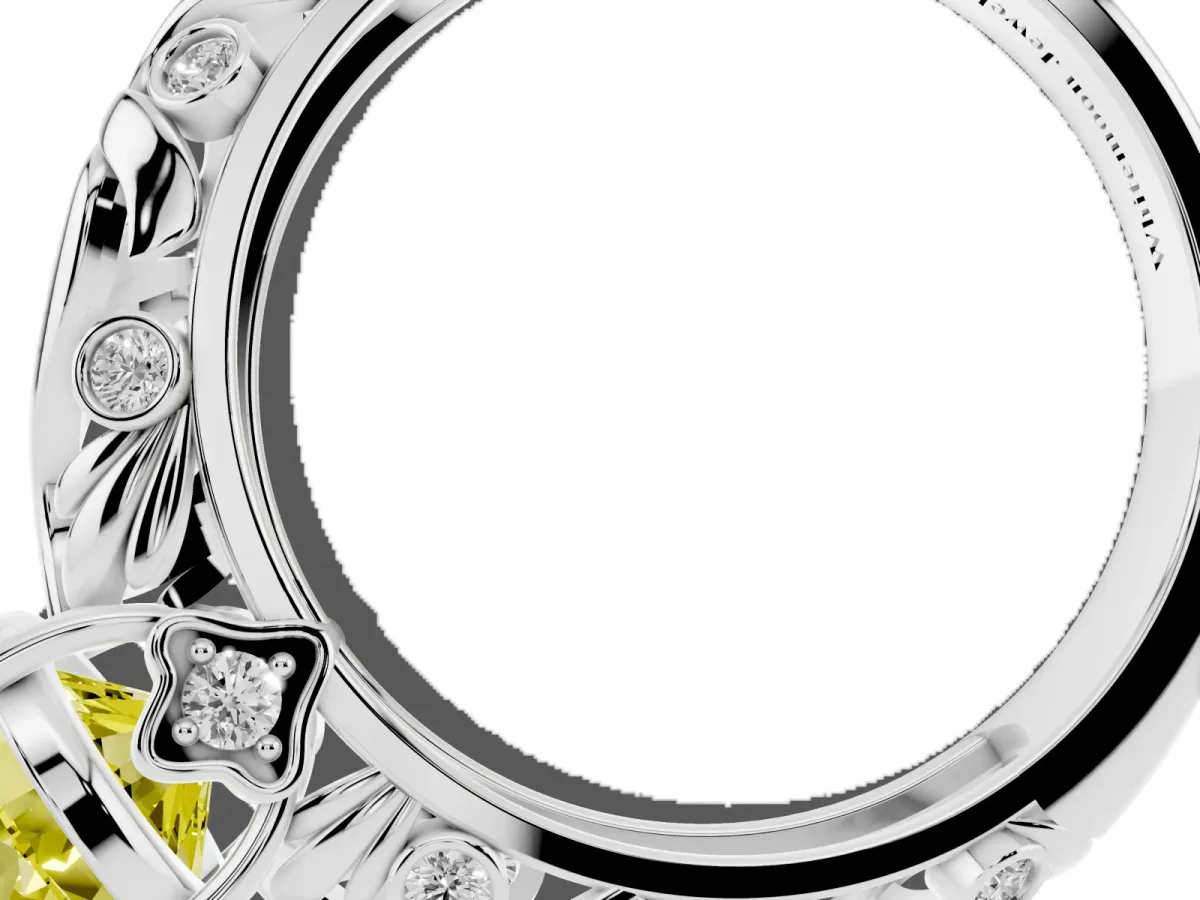 Fancy Yellow Round Cut Solitaire Diamond Leaf-Inspired Vine Band Ring with Prong Setting Silver
