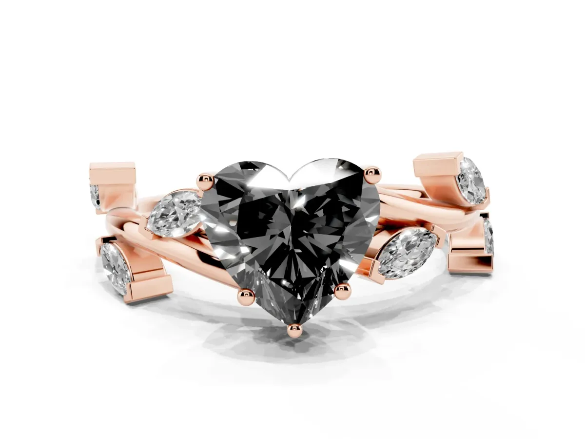 Fancy Black Heart Cut Solitaire Twisted Band Marquise Accent Prong Setting Ring Rose gold
