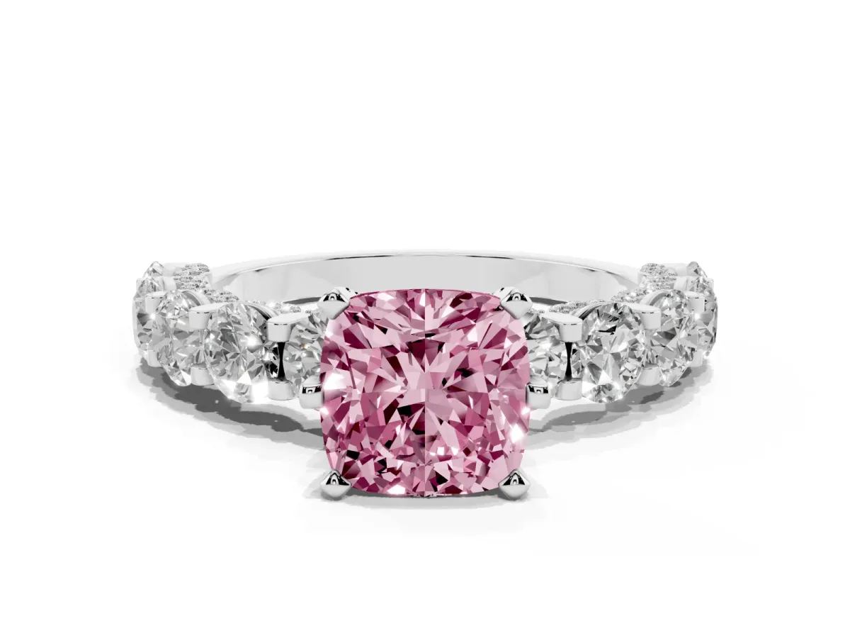 Fancy Pink Cushion Cut Diamond Side Stone Engagement Ring with Four-Prong Setting Platinum